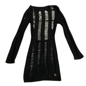 Unbranded Distressed Knit Ladder Cutout Mini Dress Black Long Sleeve Grunge S
